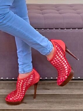 Authentic Christian Louboutin Red Leather Caged Platform Booties EU 39 Fits US 8